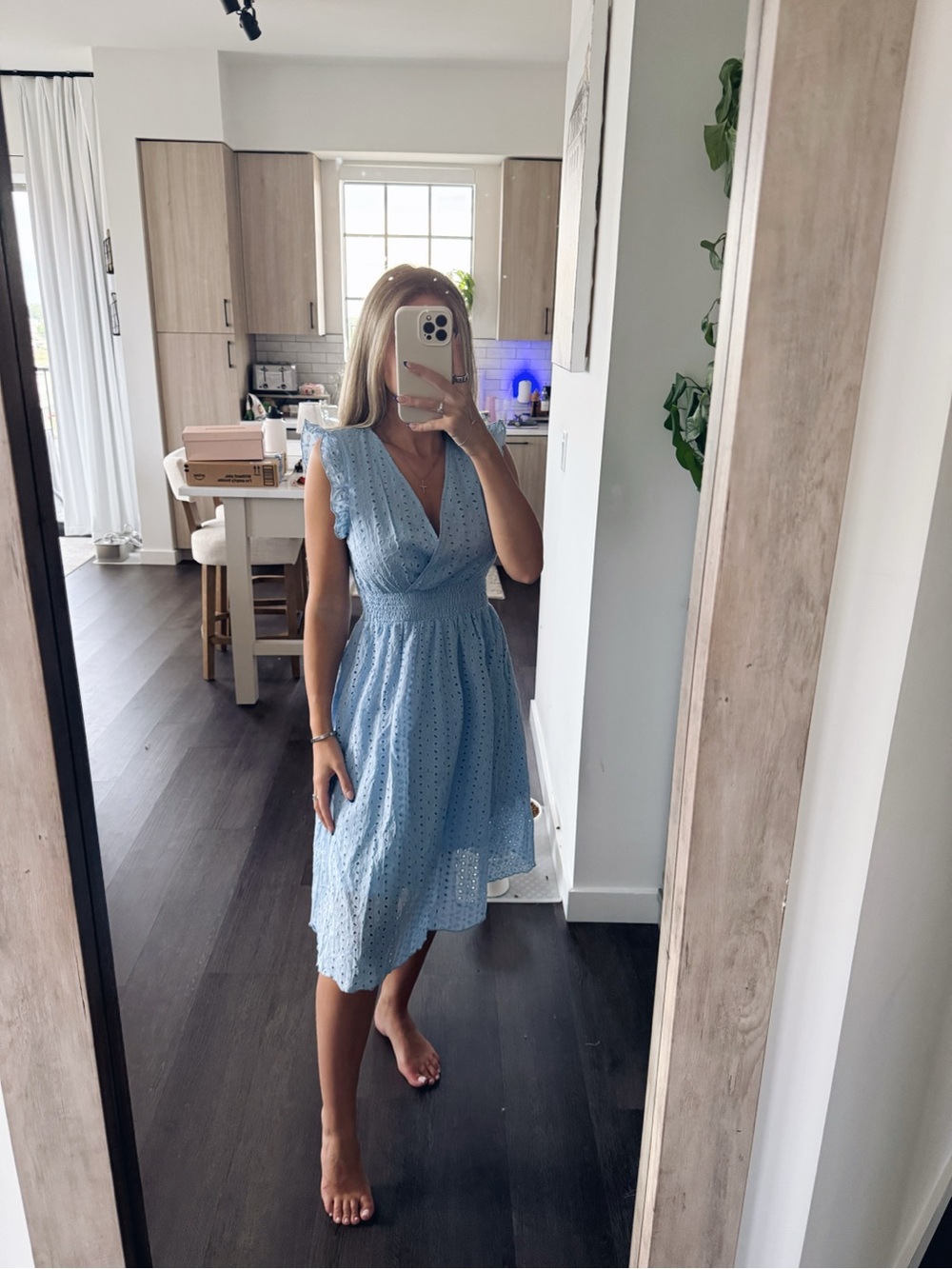 Light Blue Eyelet V-Neck Midi Dress (Size Small)